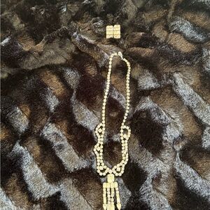 Vintage Rhinestone Tassel Pendant Necklace w/Art Deco Square Cut Earrings